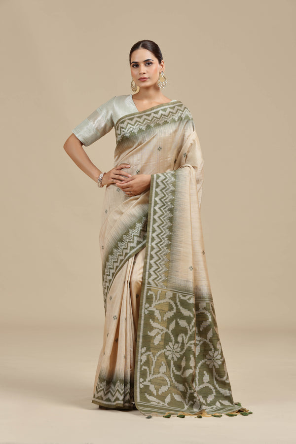 Beige Resham Woven Chanderi Saree with Unstitched Blouse