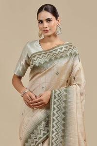 Beige Resham Woven Chanderi Saree with Unstitched Blouse