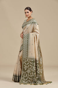 Beige Resham Woven Chanderi Saree with Unstitched Blouse
