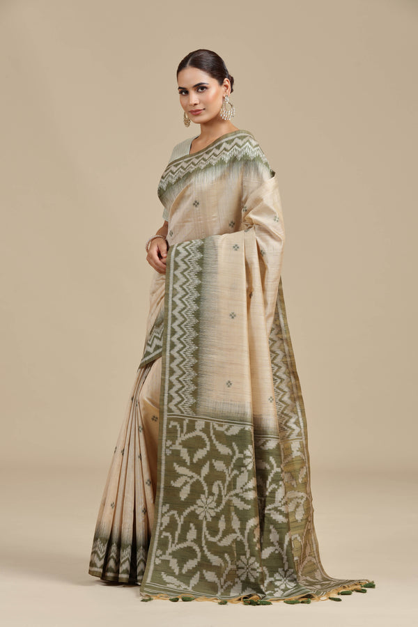 Beige Resham Woven Chanderi Saree with Unstitched Blouse