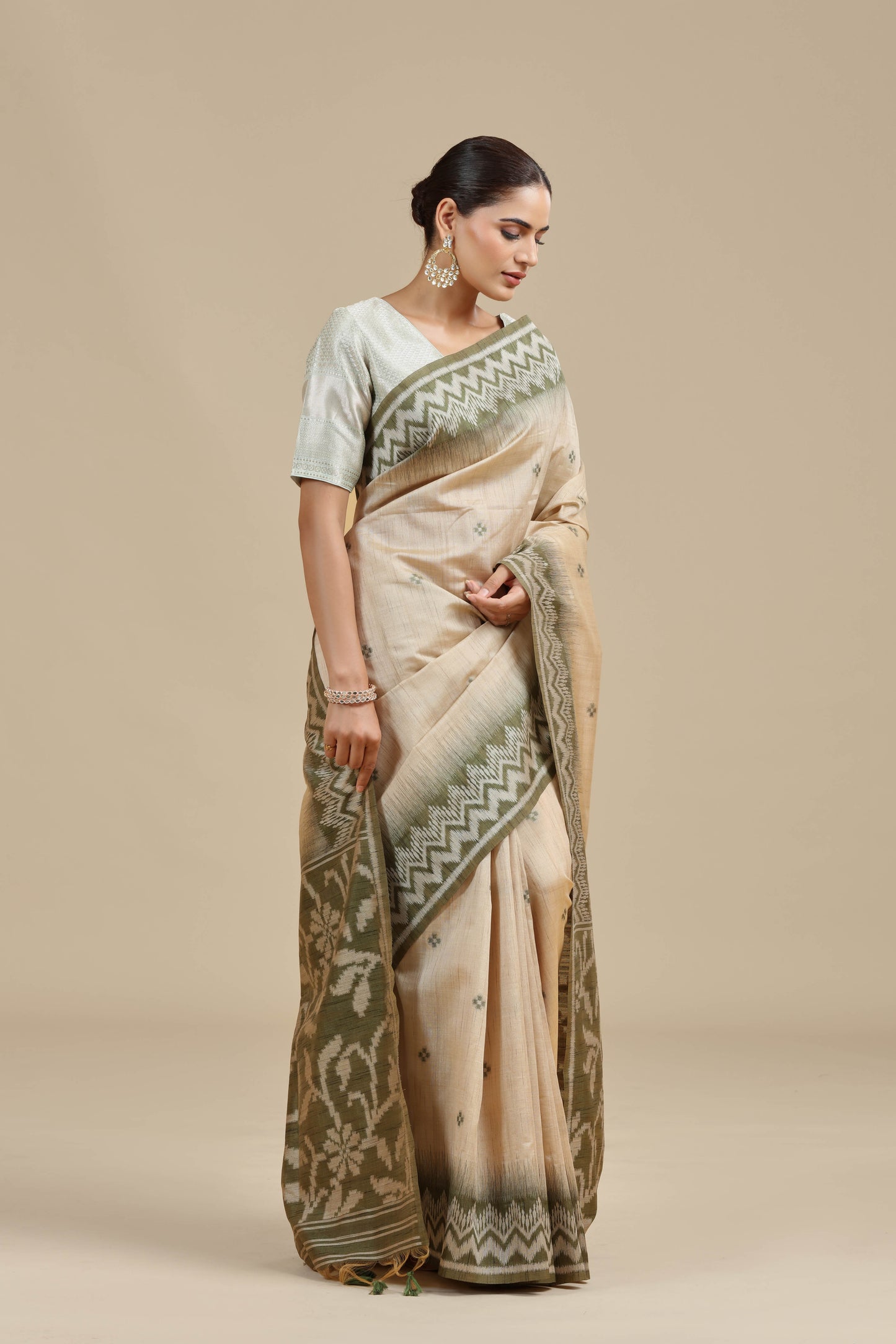 Beige Resham Woven Chanderi Saree with Unstitched Blouse