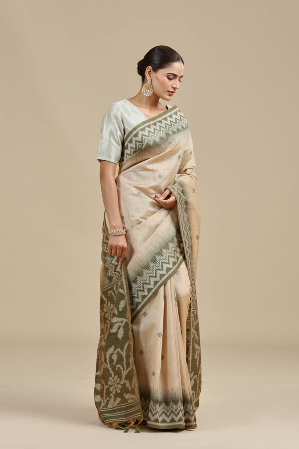 Beige Resham Woven Chanderi Saree with Unstitched Blouse