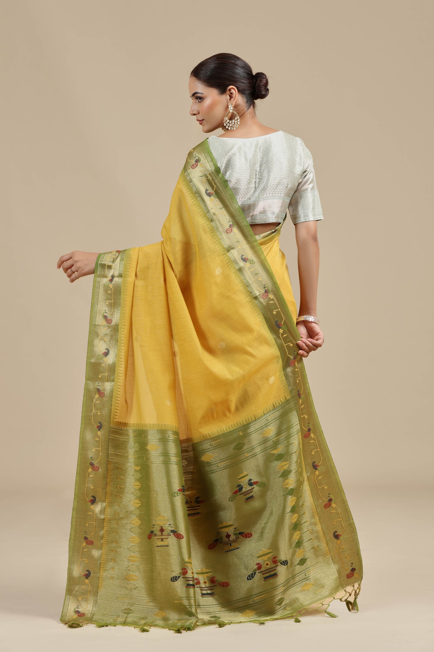 Mustard Yellow Threadwork Chanderi Saree with Unstitched Blouse