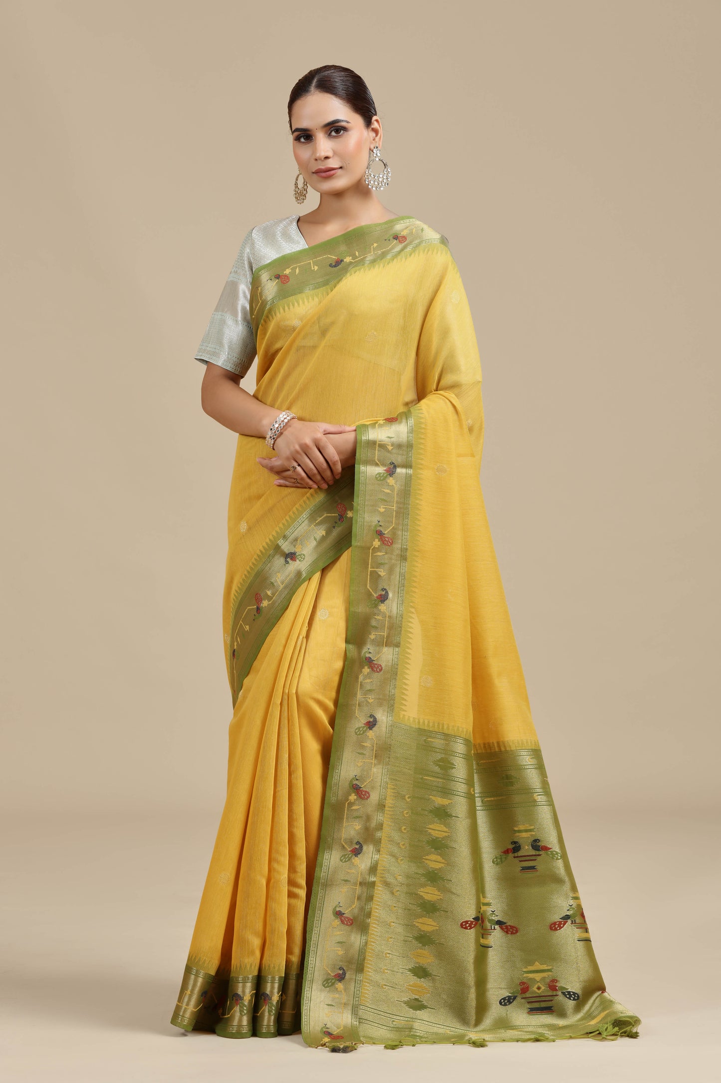 Mustard Yellow Threadwork Chanderi Saree with Unstitched Blouse