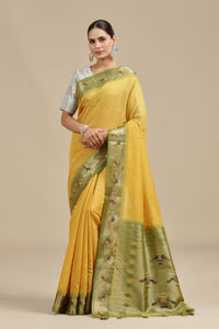 Mustard Yellow Threadwork Chanderi Saree with Unstitched Blouse