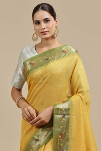Mustard Yellow Threadwork Chanderi Saree with Unstitched Blouse