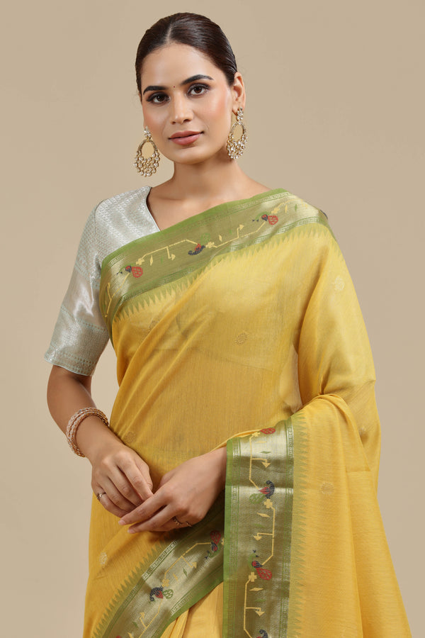 Mustard Yellow Threadwork Chanderi Saree with Unstitched Blouse