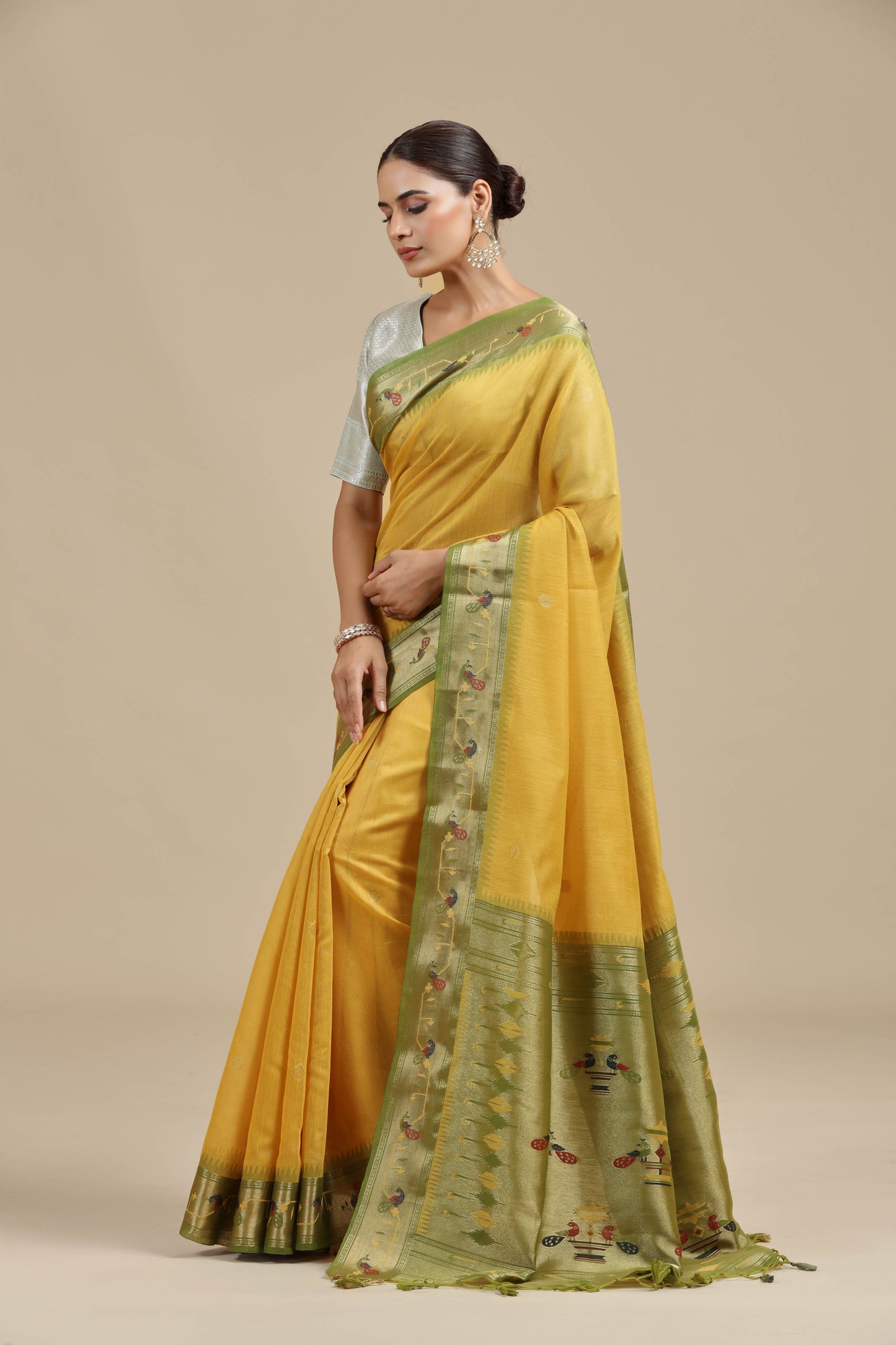 Mustard Yellow Threadwork Chanderi Saree with Unstitched Blouse