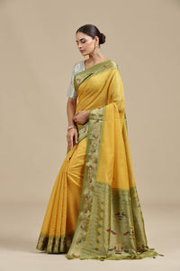 Mustard Yellow Threadwork Chanderi Saree with Unstitched Blouse
