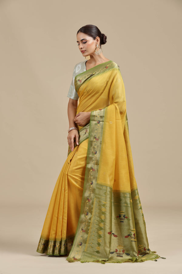 Mustard Yellow Threadwork Chanderi Saree with Unstitched Blouse