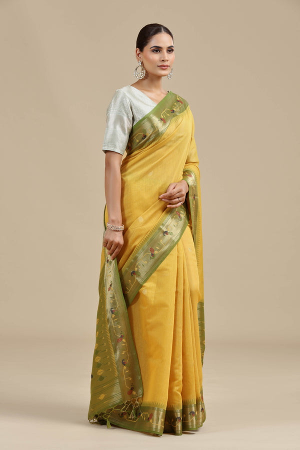 Mustard Yellow Threadwork Chanderi Saree with Unstitched Blouse