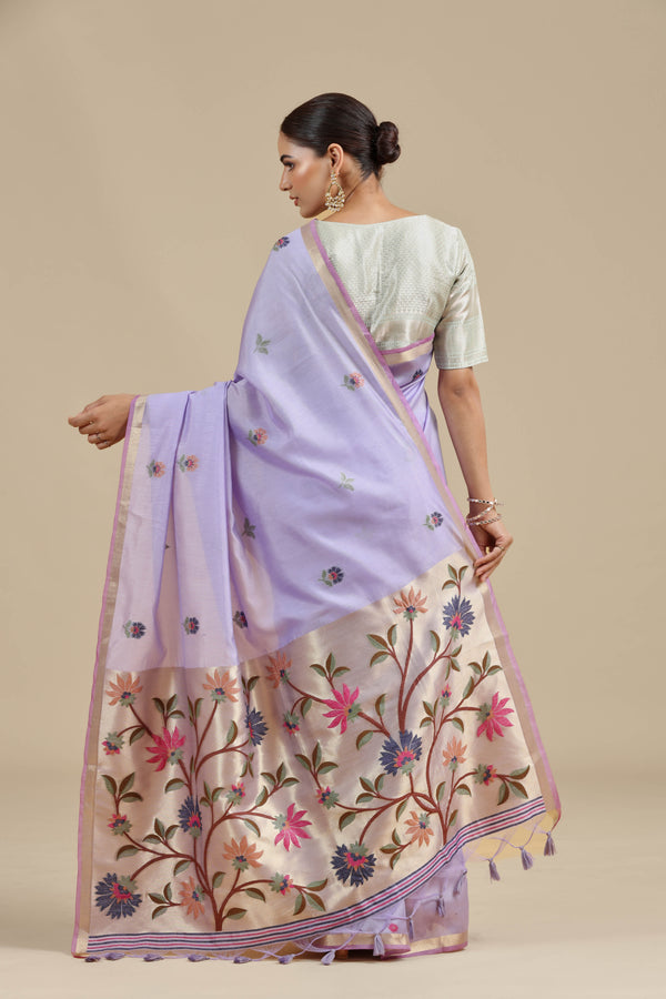 Purple Threadwork Chanderi Saree with Unstitched Blouse