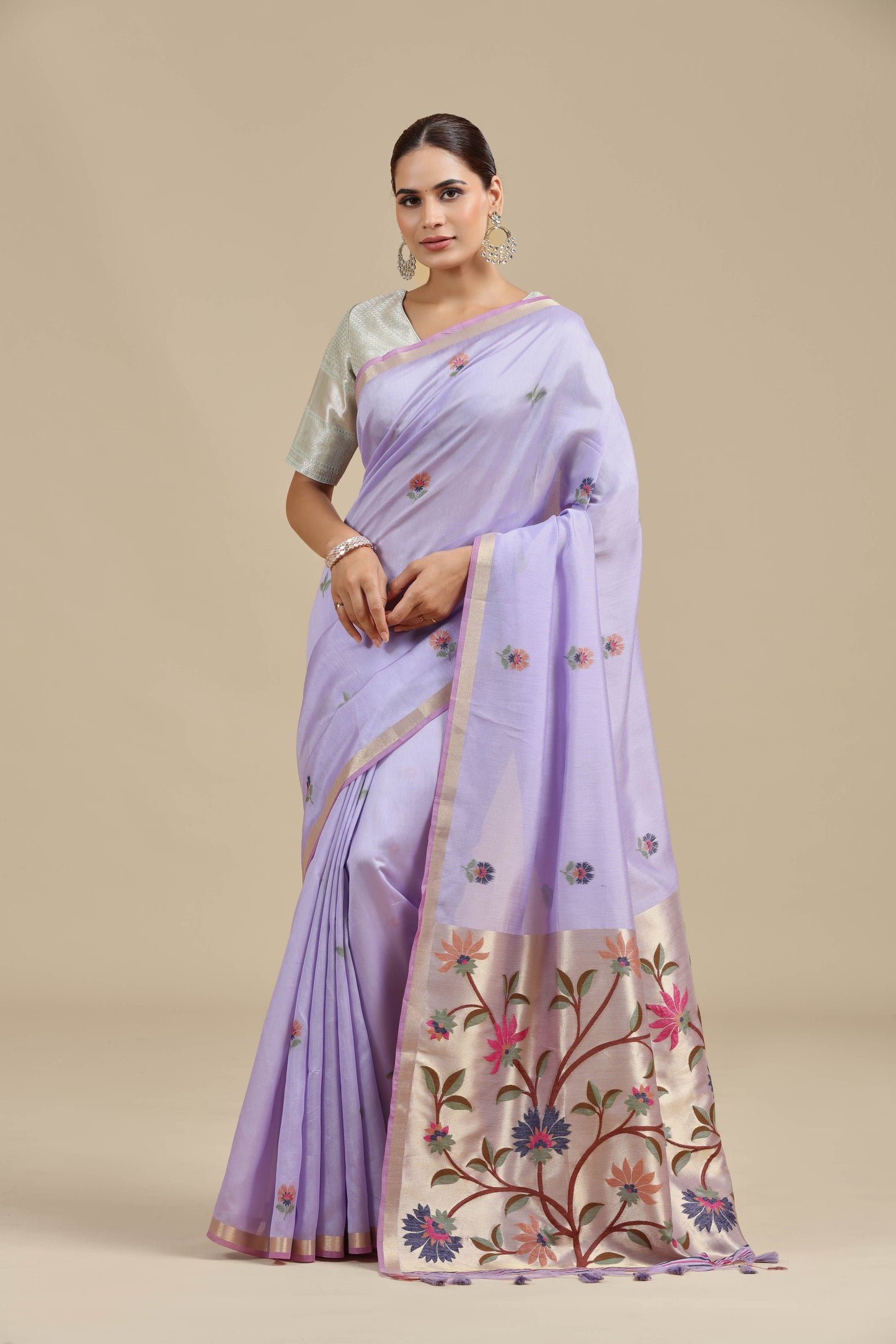 Purple Threadwork Chanderi Saree with Unstitched Blouse