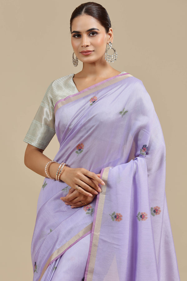 Purple Threadwork Chanderi Saree with Unstitched Blouse