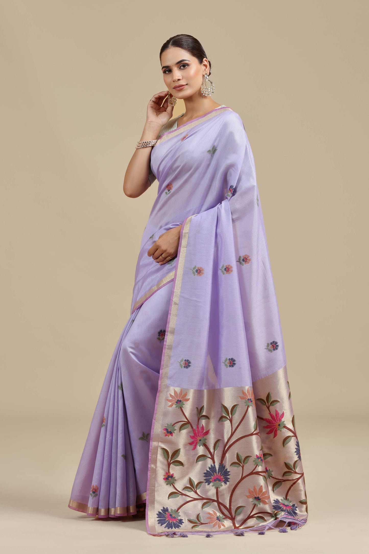 Purple Threadwork Chanderi Saree with Unstitched Blouse
