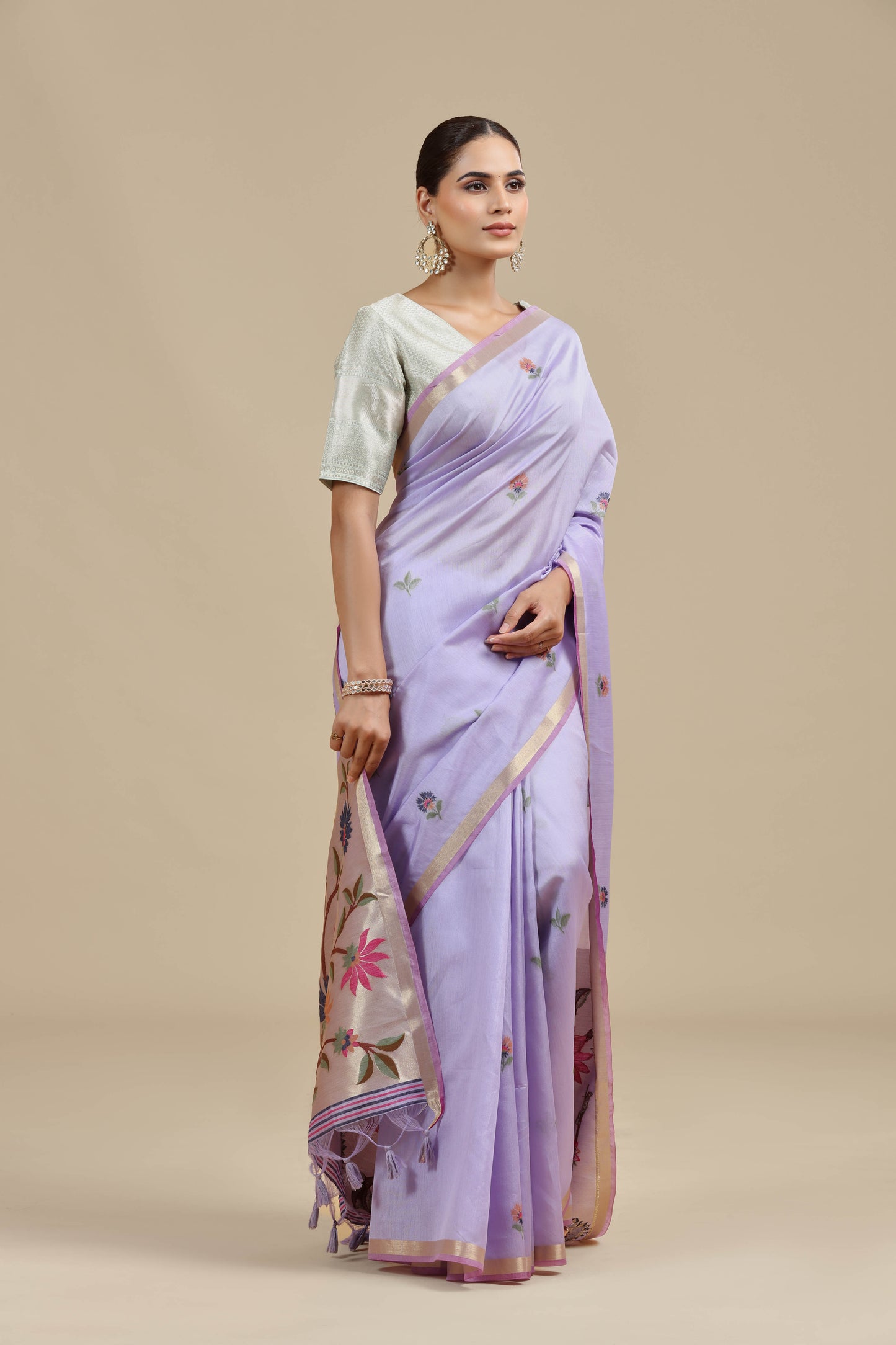 Purple Threadwork Chanderi Saree with Unstitched Blouse