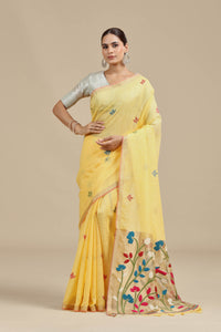Yellow Threadwork Cotton Saree with Unstitched Blouse
