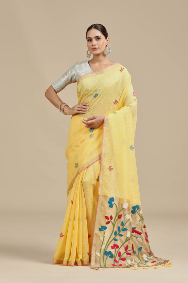 Yellow Threadwork Cotton Saree with Unstitched Blouse