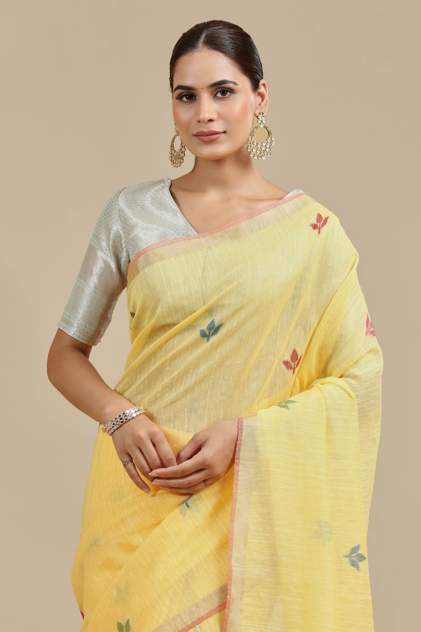 Yellow Threadwork Cotton Saree with Unstitched Blouse