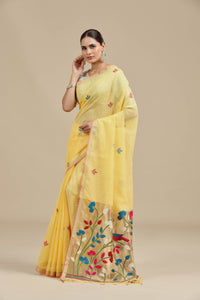 Yellow Threadwork Cotton Saree with Unstitched Blouse