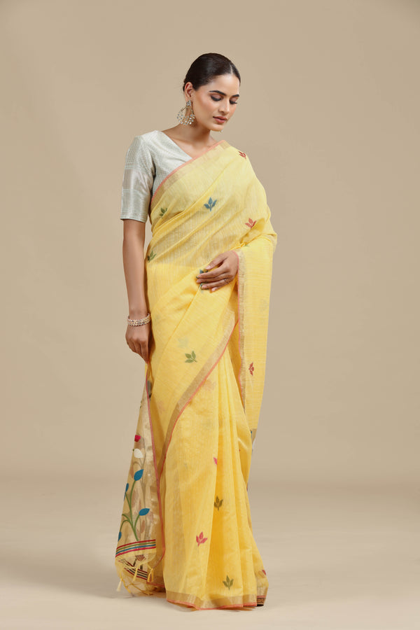 Yellow Threadwork Cotton Saree with Unstitched Blouse