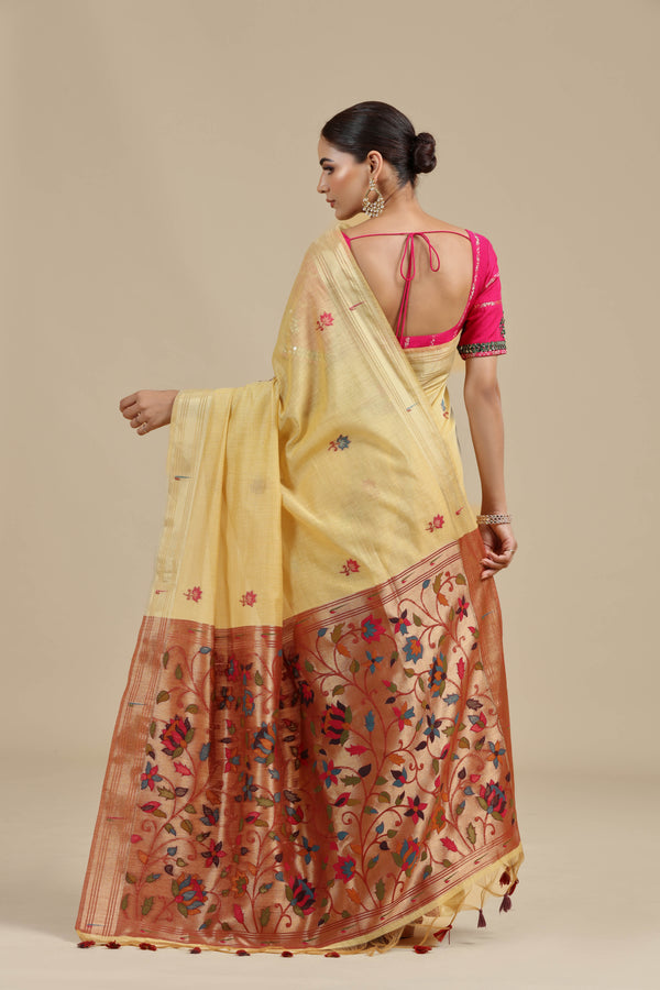 Mustard Yellow Threadwork Chanderi Saree with Unstitched Blouse