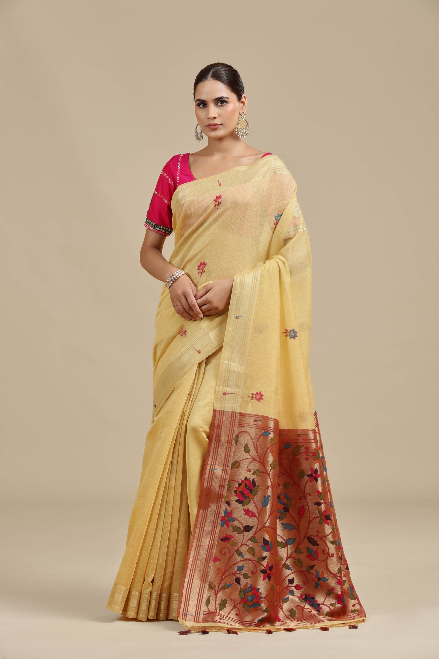 Mustard Yellow Threadwork Chanderi Saree with Unstitched Blouse