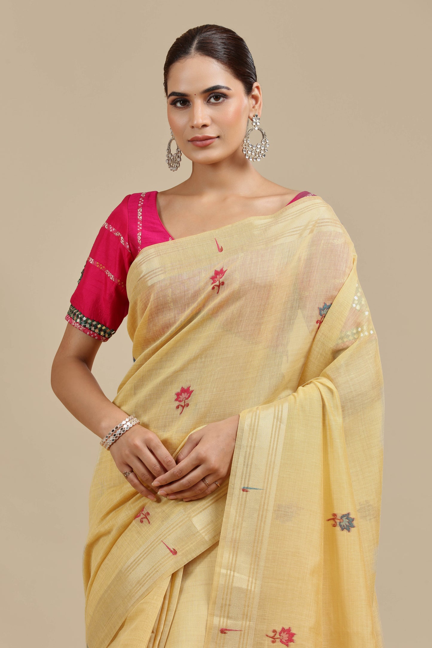 Mustard Yellow Threadwork Chanderi Saree with Unstitched Blouse