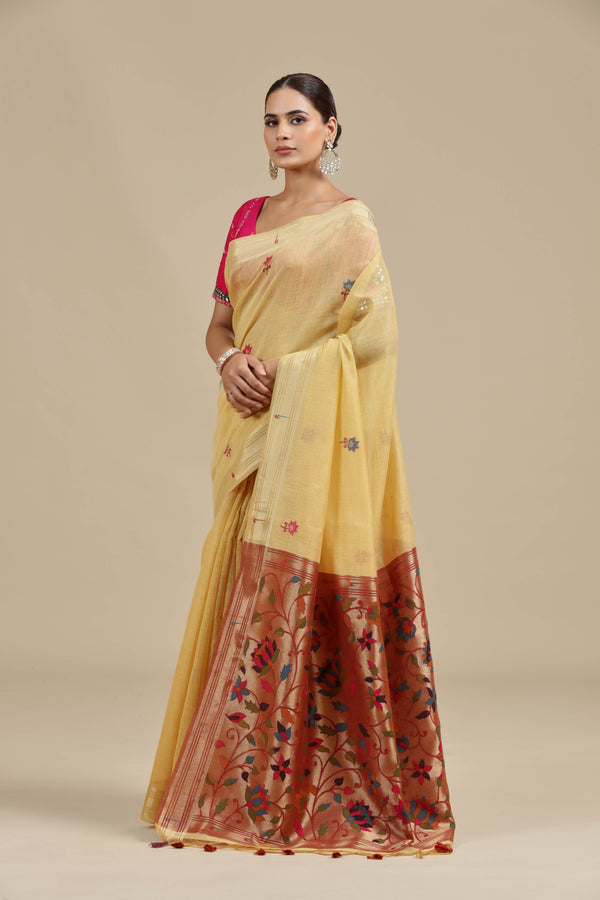 Mustard Yellow Threadwork Chanderi Saree with Unstitched Blouse