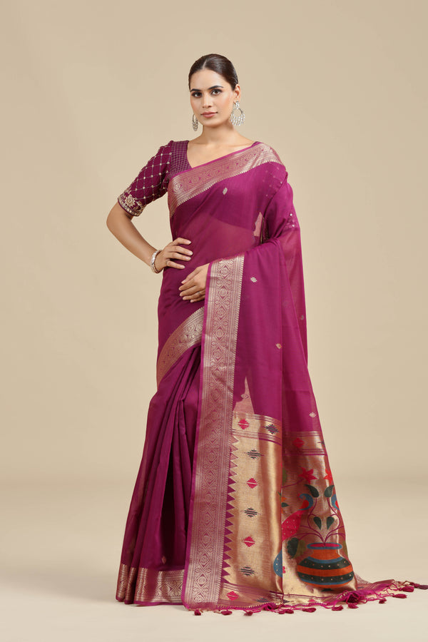 Purple Woven Chanderi Saree with Unstitched Blouse