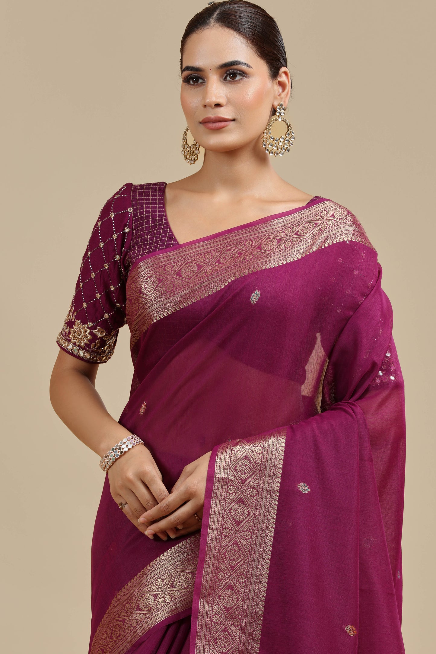 Purple Woven Chanderi Saree with Unstitched Blouse
