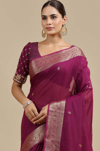 Purple Woven Chanderi Saree with Unstitched Blouse