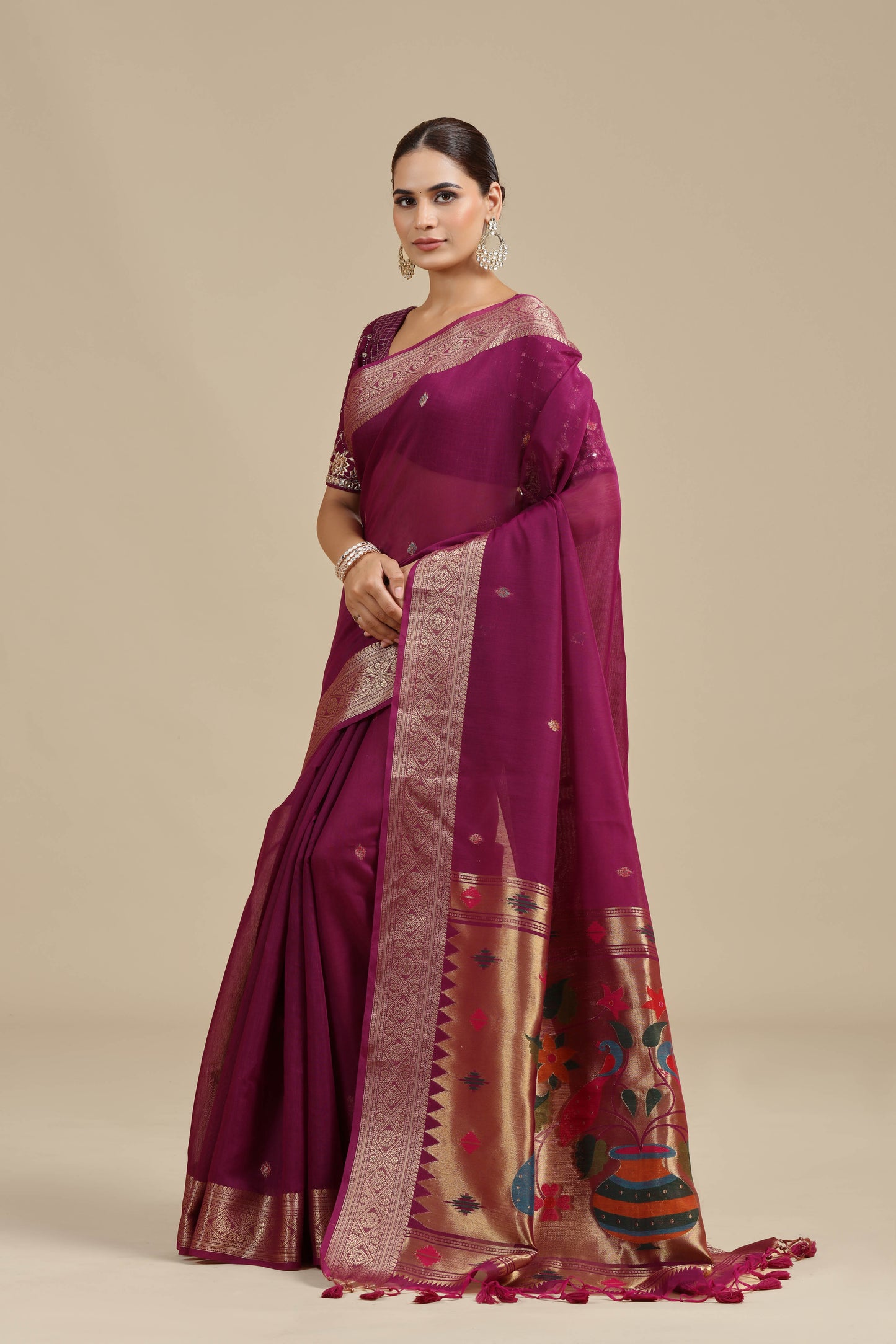 Purple Woven Chanderi Saree with Unstitched Blouse