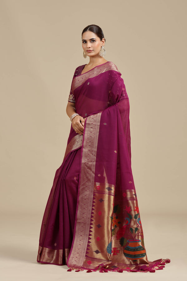 Purple Woven Chanderi Saree with Unstitched Blouse