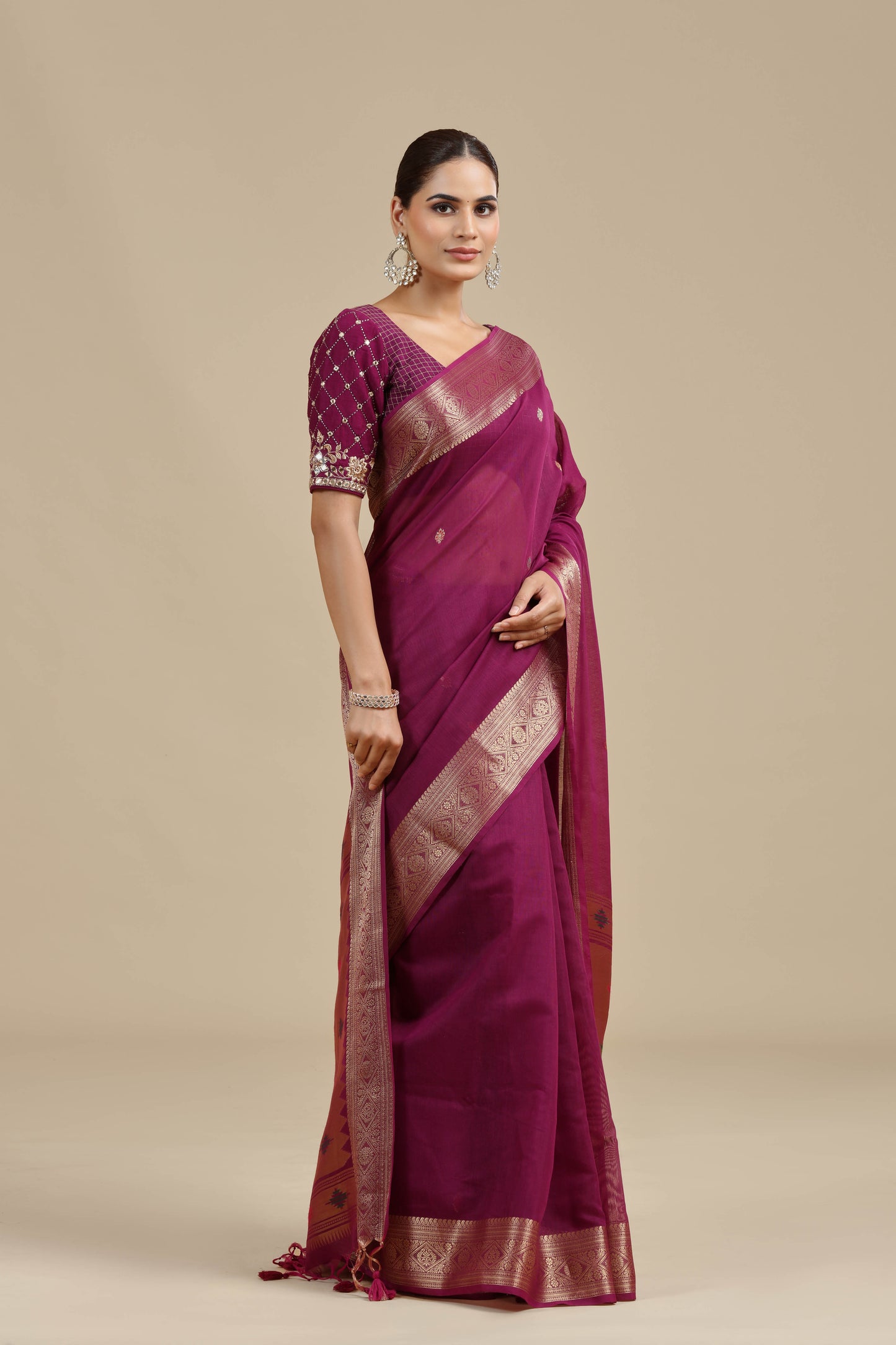 Purple Woven Chanderi Saree with Unstitched Blouse