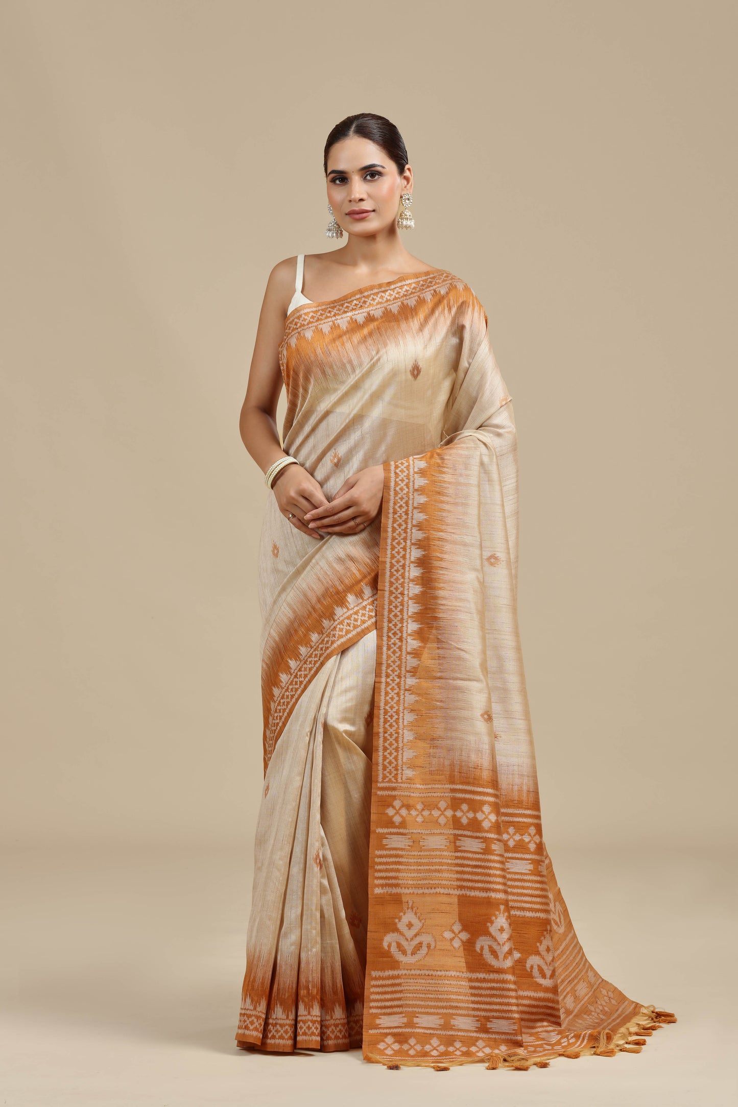 Beige Resham Woven Chanderi Saree with Unstitched Blouse
