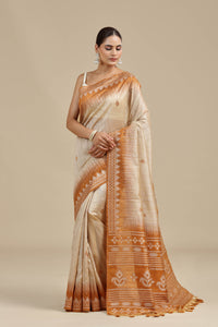 Beige Resham Woven Chanderi Saree with Unstitched Blouse