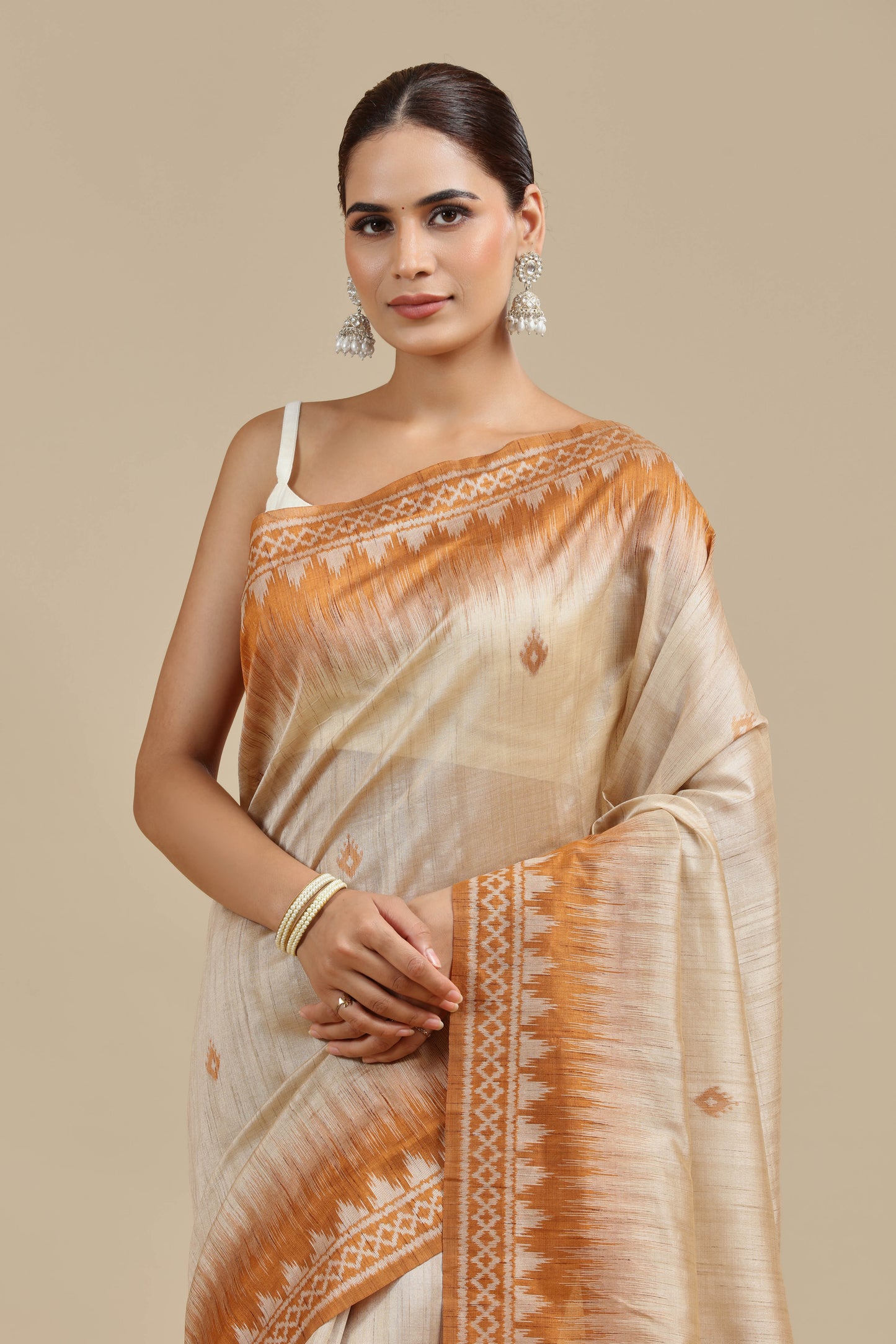 Beige Resham Woven Chanderi Saree with Unstitched Blouse