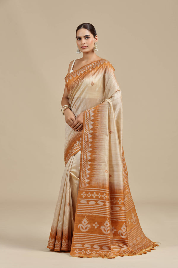 Beige Resham Woven Chanderi Saree with Unstitched Blouse