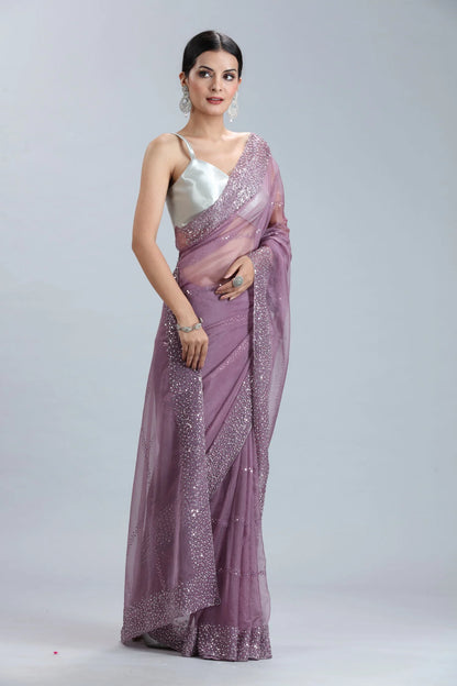 Mauve Organza Saree with Sequins, Cutdana & Stone Embellishments