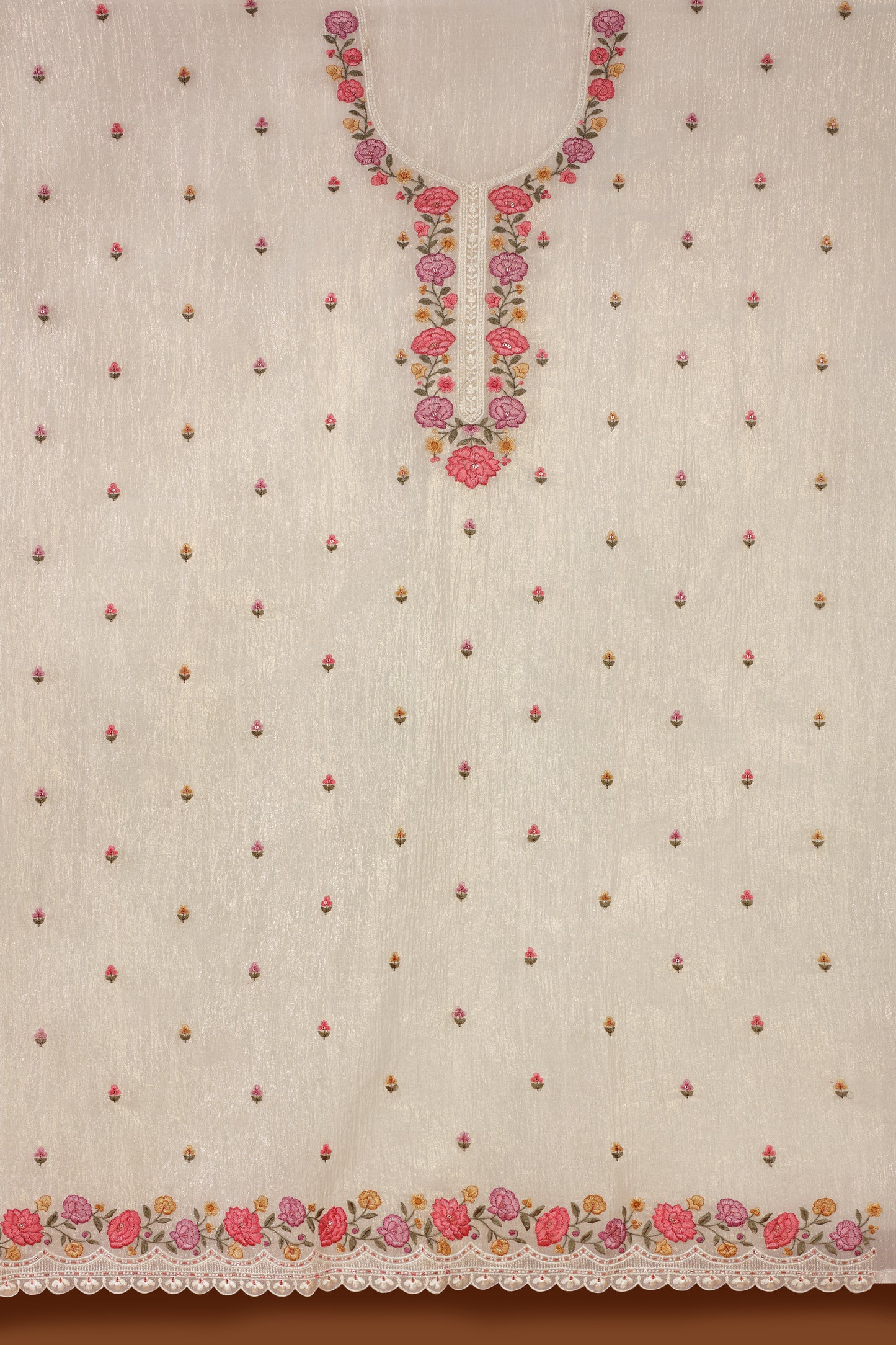 Gold Crust Tissue Dress Fabric Suit with Delicate Resham Embroidery