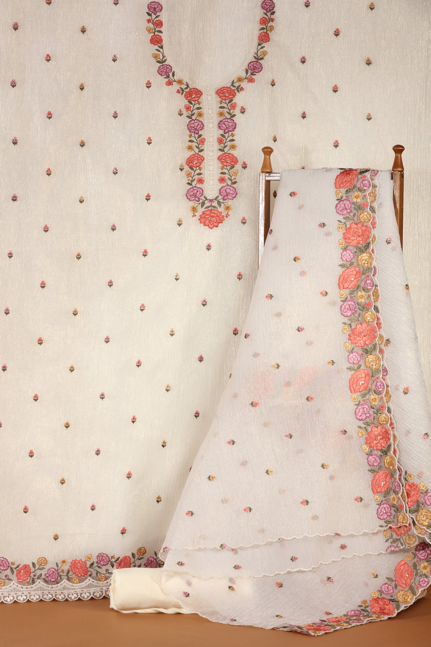 Gold Crust Tissue Dress Fabric Suit with Delicate Resham Embroidery