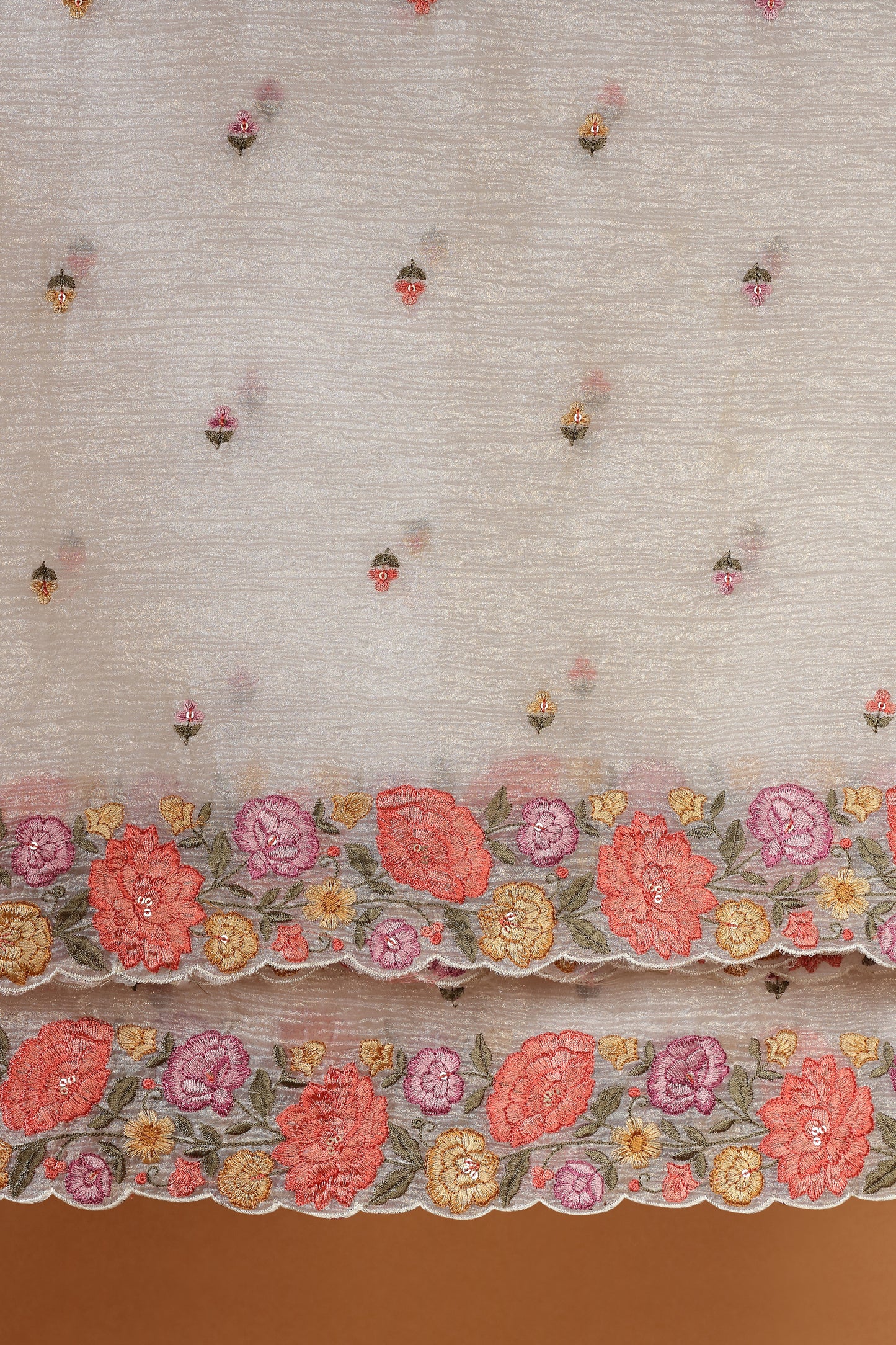 Gold Crust Tissue Dress Fabric Suit with Delicate Resham Embroidery