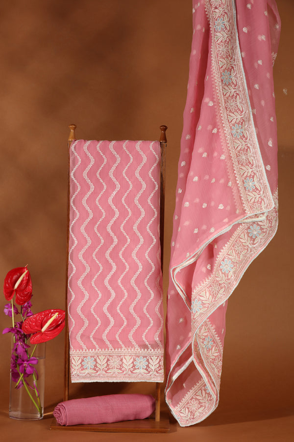 Blush Pink Organza & Kathan Silk Semi-Stitched Dress Fabric Suit