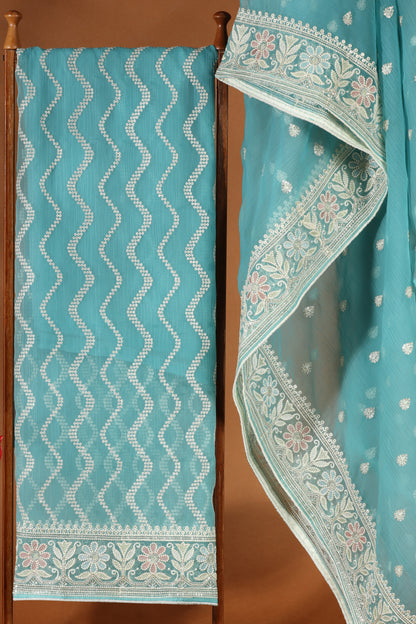 Blue Organza & Silk Unstitched Suit – Shine with Every Thread