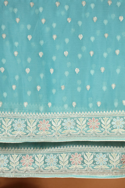 Blue Organza & Silk Unstitched Suit – Shine with Every Thread