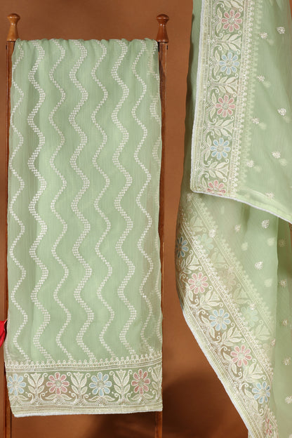 Green Organza & Kathan Silk Semi-Stitched Dress