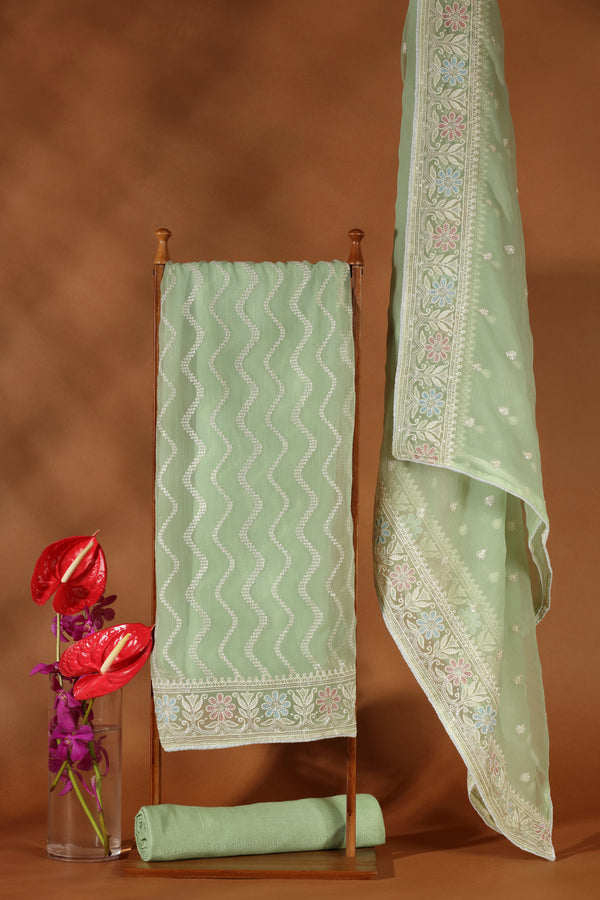 Green Organza & Kathan Silk Semi-Stitched Dress