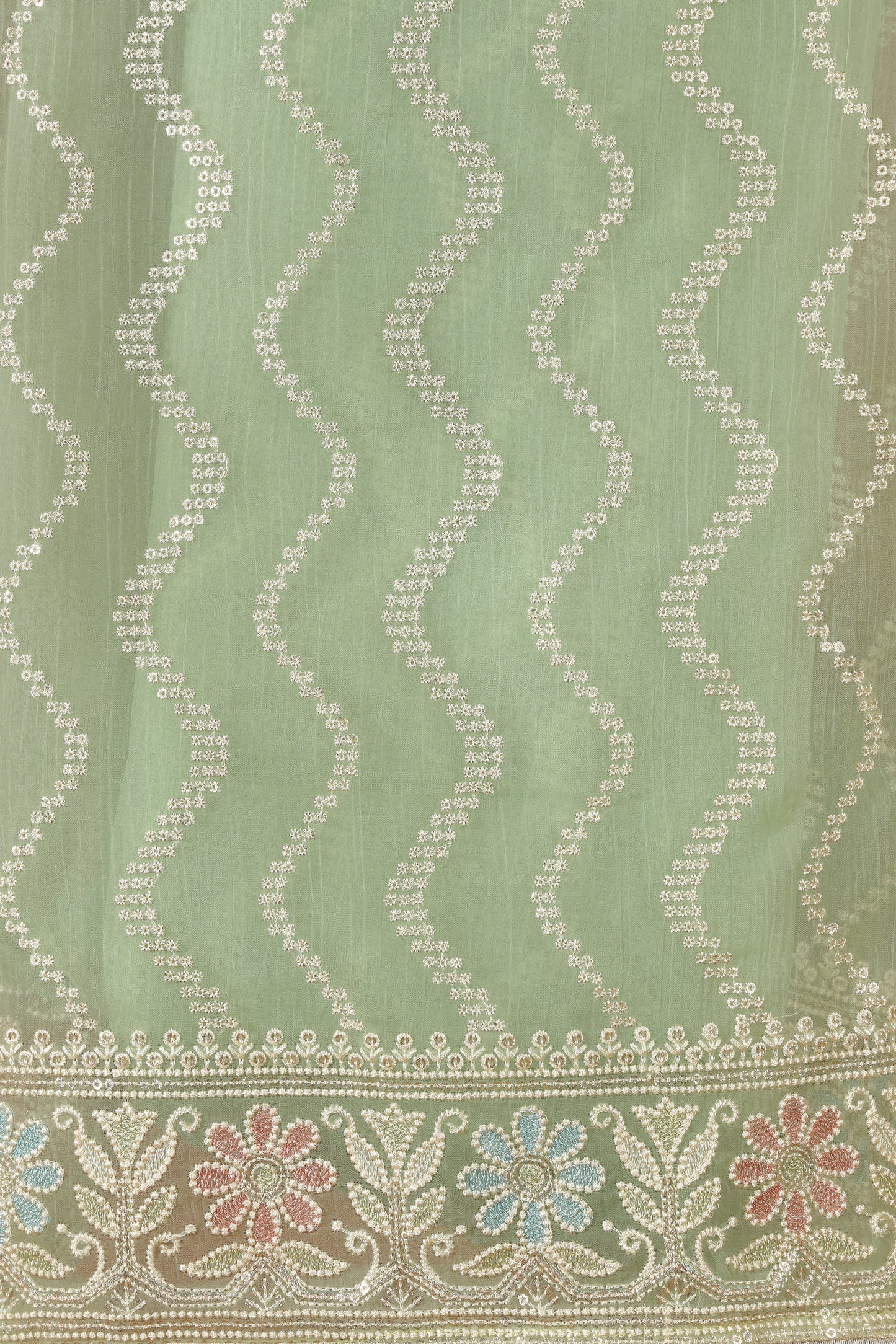 Green Organza & Kathan Silk Semi-Stitched Dress