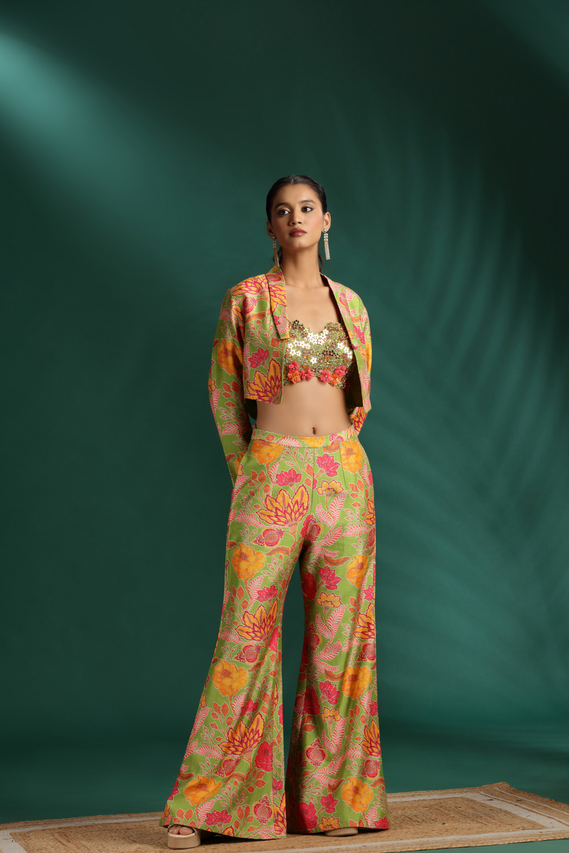 Green Net & Raw Silk Salwar Kameez with Mirror & Moti Embroidery